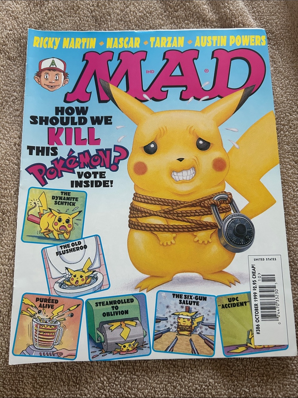 MAD Magazine #386 featuring Pikachu tied up with rope and a lock on the cover